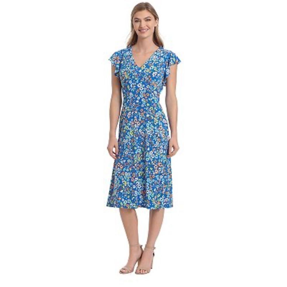 London Times Maggy Floral Ruffle Sleeve Midi Dress Blue Size 10
